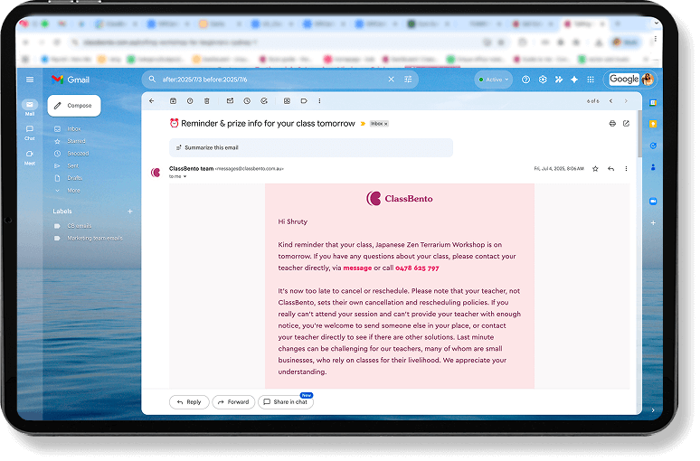 Automated class reminder email template