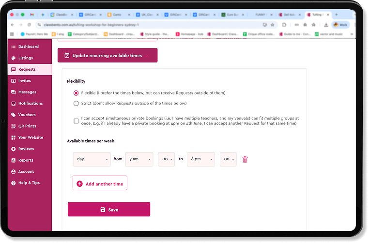 Manage private event availability on tablet dashboard