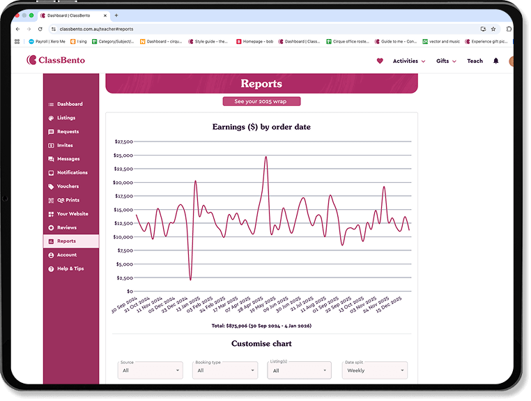 Earnings analytics showing workshop teacher revenue growth