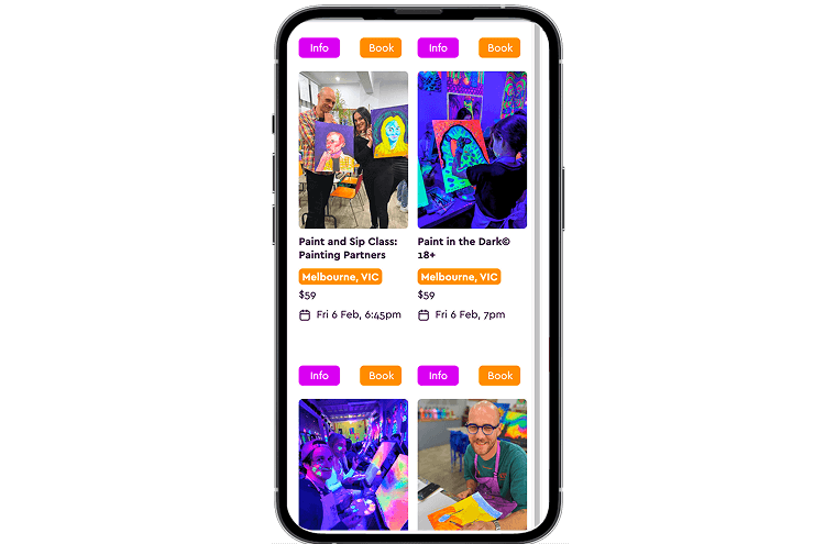 Booking widget displaying workshop listings on mobile